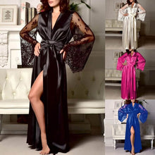Load image into Gallery viewer, Women Long Sleeve Silk Sleepwear Nightgown Set Sexy Perspective Mesh