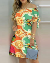 Load image into Gallery viewer, Off Shoulder Summer Mini Dress Sexy Short Sleeve Bow Tie Striped