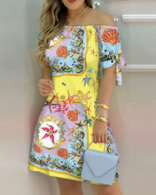 Load image into Gallery viewer, Off Shoulder Summer Mini Dress Sexy Short Sleeve Bow Tie Striped