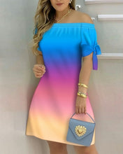 Load image into Gallery viewer, Off Shoulder Summer Mini Dress Sexy Short Sleeve Bow Tie Striped