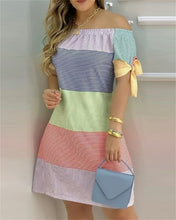 Load image into Gallery viewer, Off Shoulder Summer Mini Dress Sexy Short Sleeve Bow Tie Striped
