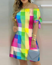 Load image into Gallery viewer, Off Shoulder Summer Mini Dress Sexy Short Sleeve Bow Tie Striped