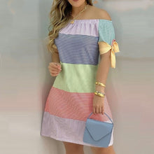 Load image into Gallery viewer, Off Shoulder Summer Mini Dress Sexy Short Sleeve Bow Tie Striped