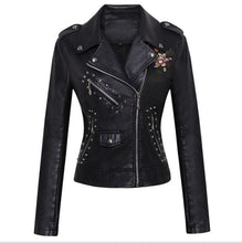 Load image into Gallery viewer, Women Patchwork Leather Jackets Flower Embroidery Rivets Short Section