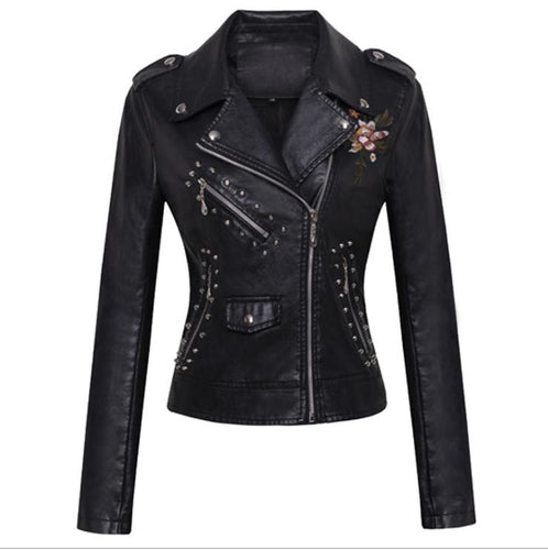 Women Patchwork Leather Jackets Flower Embroidery Rivets Short Section