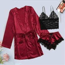 Load image into Gallery viewer, Women Pink Women's 3 Pieces Pajamas Sets Faux Silk Striped Pyjama