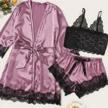 Load image into Gallery viewer, Women Pink Women's 3 Pieces Pajamas Sets Faux Silk Striped Pyjama