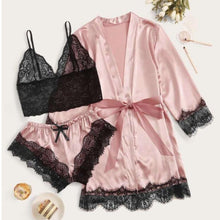 Load image into Gallery viewer, Women Pink Women's 3 Pieces Pajamas Sets Faux Silk Striped Pyjama