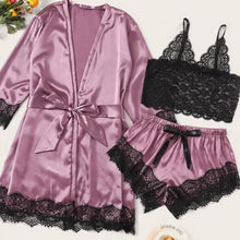 Load image into Gallery viewer, Women Pink Women's 3 Pieces Pajamas Sets Faux Silk Striped Pyjama