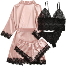 Load image into Gallery viewer, Women Pink Women's 3 Pieces Pajamas Sets Faux Silk Striped Pyjama