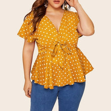 Load image into Gallery viewer, V Neck Short Sleeve Polka Dot Shirt Top Knot