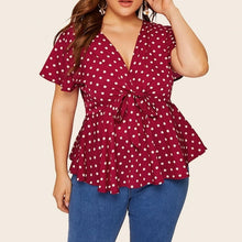 Load image into Gallery viewer, V Neck Short Sleeve Polka Dot Shirt Top Knot