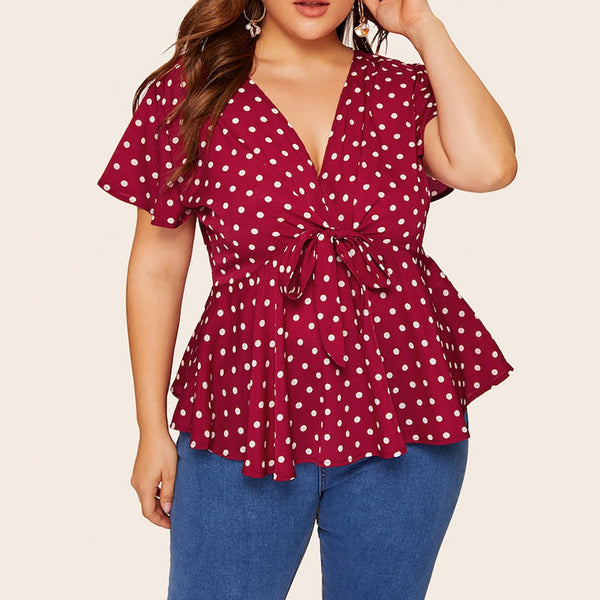 V Neck Short Sleeve Polka Dot Shirt Top Knot