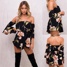 Load image into Gallery viewer, Women Rompers Flower Print Jumpsuit Summer Short Off Shoulder Overalls - Sophornlilly