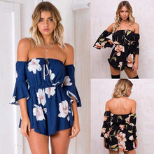 Load image into Gallery viewer, Women Rompers Flower print Jumpsuit Summer Short Off shoulder Overalls - Sophornlilly