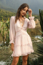 Load image into Gallery viewer, Women Ruffles Deep V Neck Above Knee Chiffon Dress Summer Full Sleeve - Sophornlilly