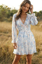 Load image into Gallery viewer, Women Ruffles Deep V Neck Above Knee Chiffon Dress Summer Full Sleeve - Sophornlilly