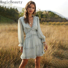 Load image into Gallery viewer, Women Ruffles Deep V Neck Above Knee Chiffon Dress Summer Full Sleeve - Sophornlilly