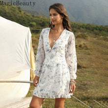 Load image into Gallery viewer, Women Ruffles Deep V Neck Above Knee Chiffon Dress Summer Full Sleeve - Sophornlilly