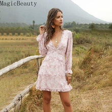 Load image into Gallery viewer, Women Ruffles Deep V Neck Above Knee Chiffon Dress Summer Full Sleeve - Sophornlilly