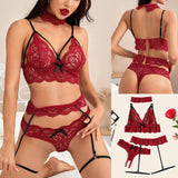 Women Sexy Lace Wireless Bra Lingerie Set Thong With Garter Collar