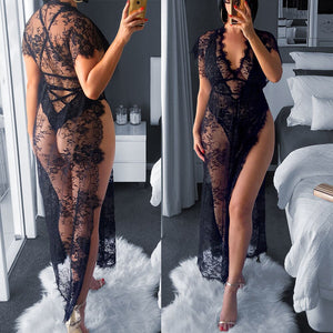 Women Sexy Lingerie Black Lace Dress Robe Sleepwear Ladies Female See