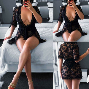 Women Sexy Lingerie Black Lace Dress Robe Sleepwear Ladies Female See