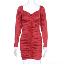 Load image into Gallery viewer, Sexy Solid Dress Long Puff Sleeve Slash Neck Satin Pleated