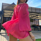 Sexy Summer Mesh See Through Blouse Tunic Solid Color Drawstring