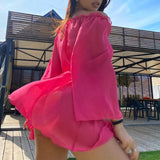 Sexy Summer Mesh See Through Blouse Tunic Solid Color Drawstring