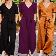 Load image into Gallery viewer, Women Short Sleeve Wide Leg Loose Jumpsuit Summer Casual V neck Pocket