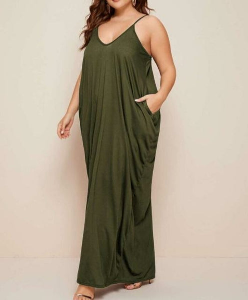 Women Sling Dress Casual Solid Spaghetti Long Dress Sleeveless