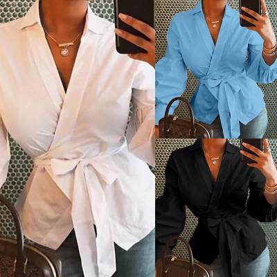 V-neck Long Sleeve Bandage Blouse