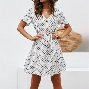 Women Summer Beach Chiffon Dress Casual Short Sleeve Polka Dot Dress - Sophornlilly