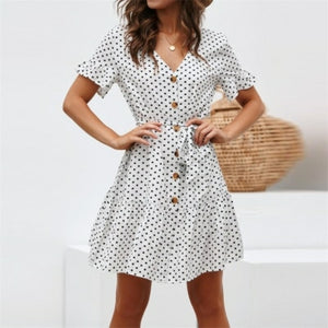 Summer Beach Chiffon Dress Casual Short Sleeve Polka Dot