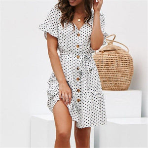 Women Summer Beach Chiffon Dress Casual Short Sleeve Polka Dot Dress - Sophornlilly