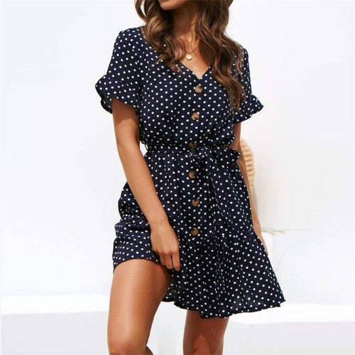 Women Summer Beach Chiffon Dress Casual Short Sleeve Polka Dot Dress - Sophornlilly