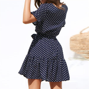 Summer Beach Chiffon Dress Casual Short Sleeve Polka Dot