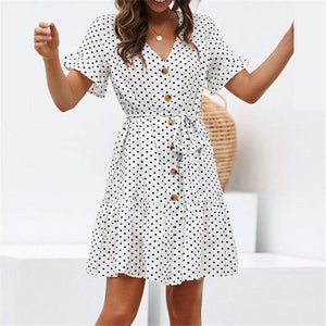 Women Summer Beach Chiffon Dress Casual Short Sleeve Polka Dot Dress - Sophornlilly