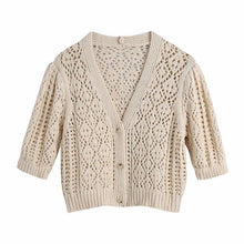 Load image into Gallery viewer, Women Summer Casual Solid Sweater Coats Short Sleeve V Neck Hollow Out - Sophornlilly