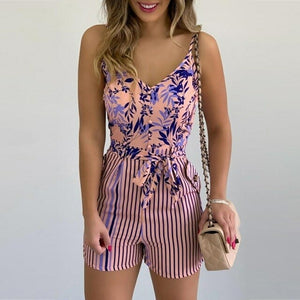 Women Summer Print Jumpsuit With Belt Sleeveless Beach Rompers Bodycon - Sophornlilly