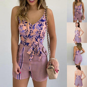 Women Summer Print Jumpsuit With Belt Sleeveless Beach Rompers Bodycon - Sophornlilly