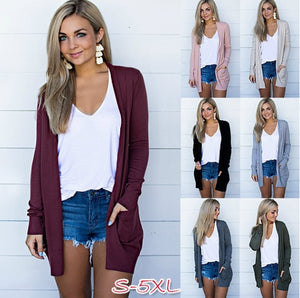 Thin Cardigan Sweater Cotton Pocket Tops Long Sleeve Open Stitch