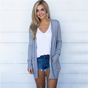 Thin Cardigan Sweater Cotton Pocket Tops Long Sleeve Open Stitch