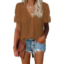 Load image into Gallery viewer, Women V Neck Top Summer Casual Solid Color Pleated Lace Stitching