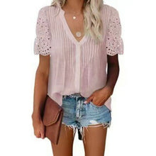Load image into Gallery viewer, Women V Neck Top Summer Casual Solid Color Pleated Lace Stitching