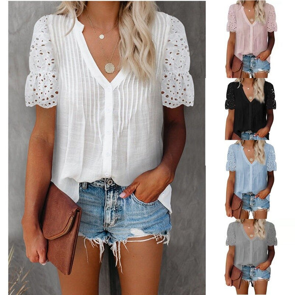 Women V Neck Top Summer Casual Solid Color Pleated Lace Stitching