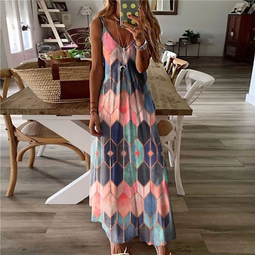 Vintage Summer Sleeveless V Neck Spaghetti Dress