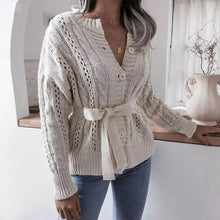 Load image into Gallery viewer, Waist Knit Cardigan Hollow Belt Twist Button