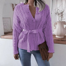 Load image into Gallery viewer, Waist Knit Cardigan Hollow Belt Twist Button